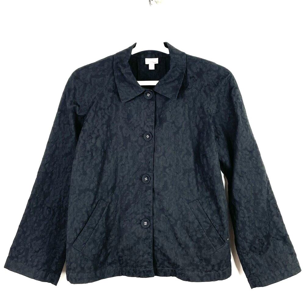 J. JILL Brocade Textured Jacket Black Floral Collar Raglan Sleeve Stretch Medium